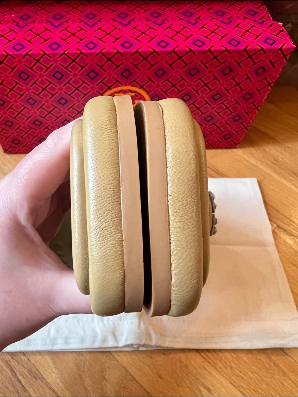 Tory Burch Ginger Shortbread Tan Crystal Double T Leather Sport Slide Sandals